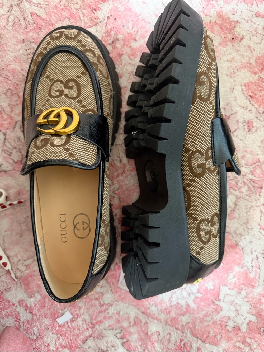 Beige Brown GG Canvas Leather Trim Loafers with Gold Double G